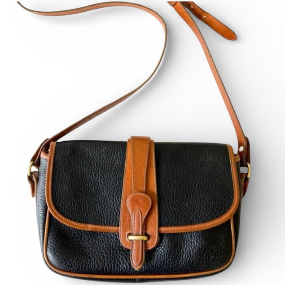 Black Pebbled Leather Crossbody with Tan Trim